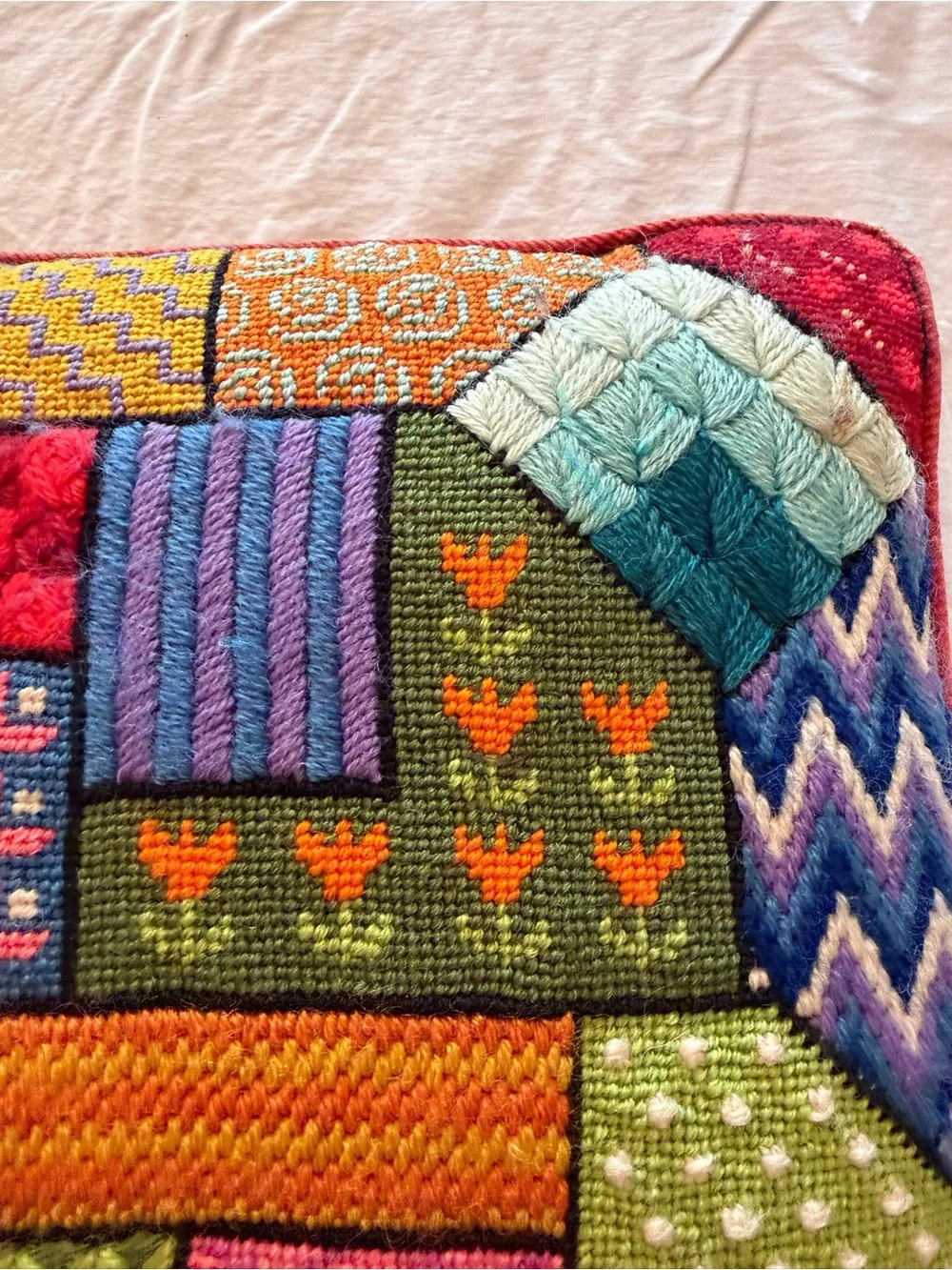 Vintage Colorful Patchwork hand stitched Pillow - Multicolor